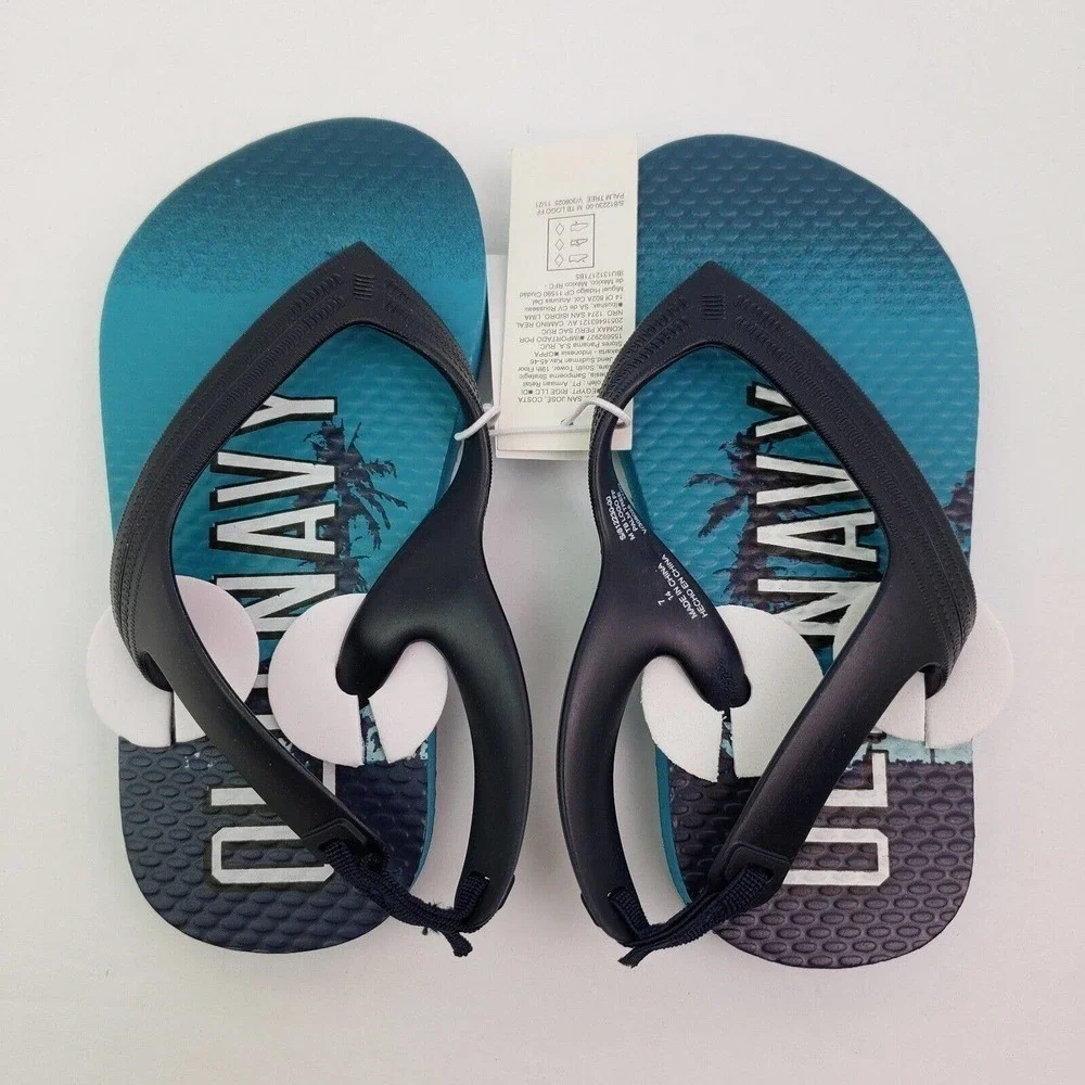 Old Navy Toddler Boys Size 7 Blue Palm Tree Slip On Back Strap Flip Flop Sandals
